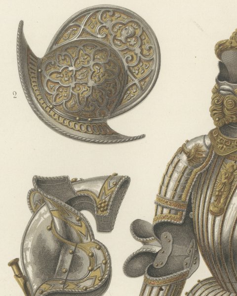 Armor of Charles the Fifth, Morion and Chanfron, Antique Print, 1851, close-up 2
