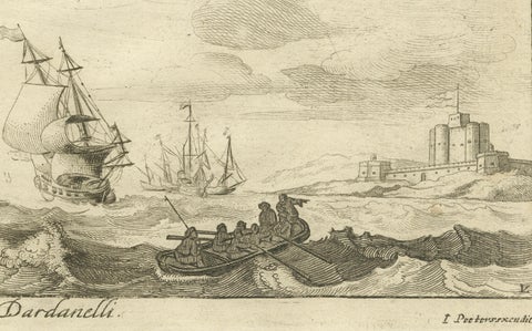 Engraved View of the Dardanelles with Fortifications and Ships, ca. 1680, close-up 1