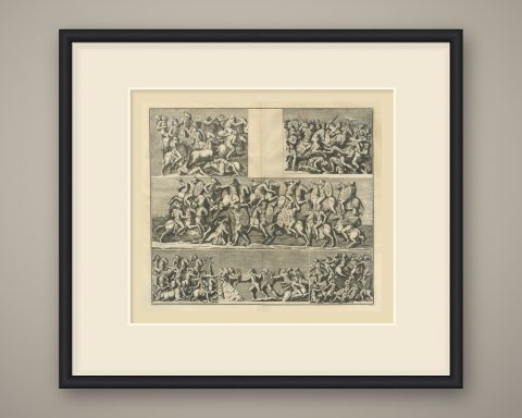 Cavalry and Infantry Battle Reliefs in Six Scenes, Montfaucon Engraving, 1722, shown framed