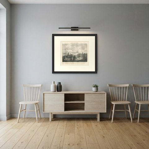 The Camp of Boulogne, the Invasion Flotilla, Antique Madou Lithograph, 1827, shown framed in a room