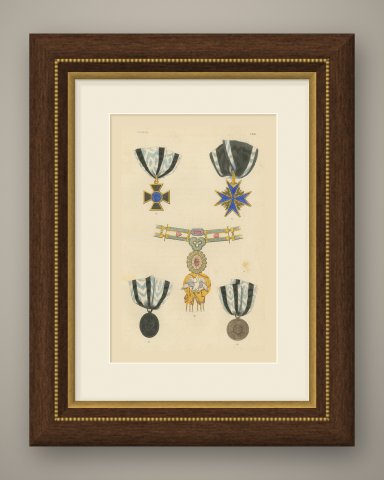 Orders of Prussia, Pour le Mérite Cross and 1813 1814 Medals, Plate LXII, 1844, shown framed
