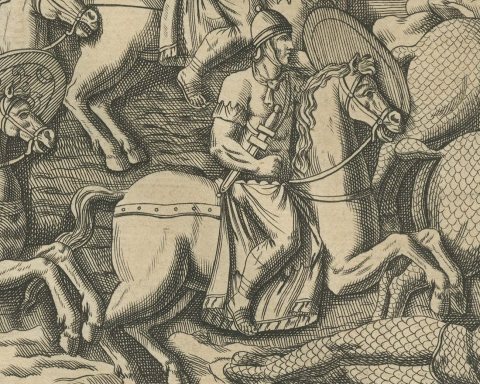 Cavalry Battle and River Crossing with Armored Horsemen, Montfaucon, 1722, close-up 2