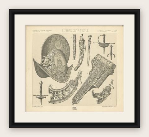 Pl 44 Antique Print of European 16th Century Armor and Weapons by Racinet, shown framed