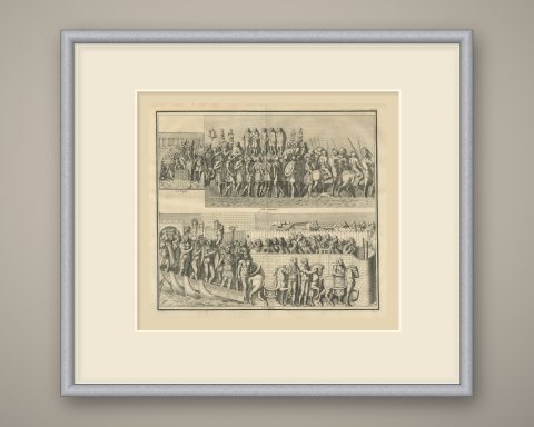 Roman Army at a Tribunal and a Bridge of Boats, Montfaucon, 1722, shown framed