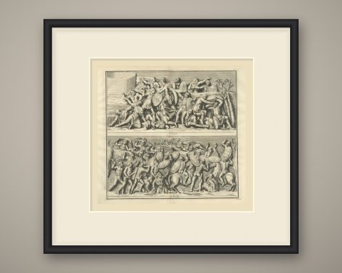 Roman Battle Scenes Beside a Round Tower, Trajan's Column, 1722, shown framed