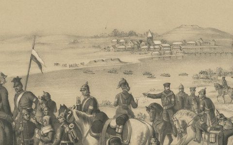 German Lithograph of the Schleswig War Crossing at the Schlei Near Arnis, 1864, close-up 1