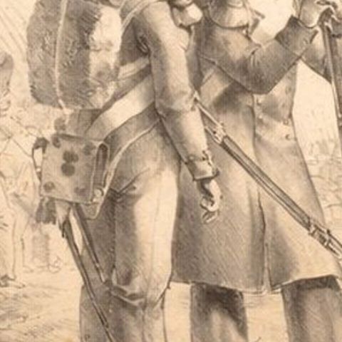 Antique French Military Lithograph, Soldiers with Pack and Rifle, c.1820, close-up 4