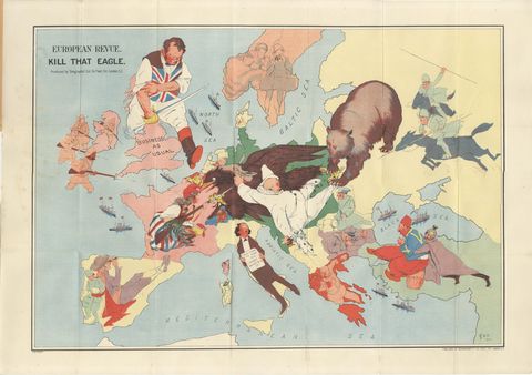 WWI Satirical Cartoon Map: 'Kill That Eagle' by J.H. Amschewitz, 1914, view 3
