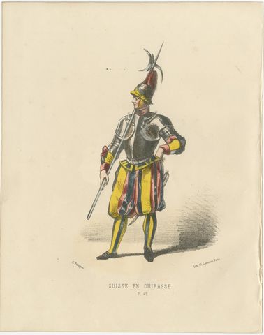 Swiss Guard in Cuirass: Handcolored Print of Ceremonial Armor, Plate 42, 1862, view 2