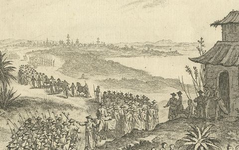 Antique Print of a Japanese Military Procession by Chedel, 1746, close-up 1