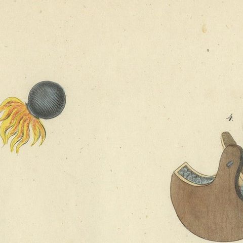 19th-Century Hand-Coloured Lithograph of Medieval Catapults and Siege Engines, close-up 3