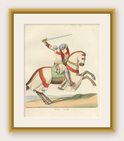 Charging Crusader Knight, Medieval Armor Print, circa 1400, published in 1845, shown framed