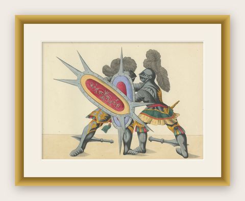 19th-Century Hand-Coloured Lithograph of Armoured Duel with Spiked Shields, shown framed