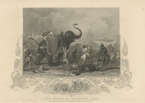 Antique India Battle Print, Siege of Mooltan 1849, Elephant War Scene, close-up 1