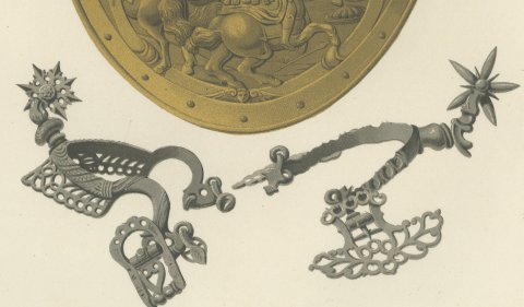 Sixteenth Century Gorget and Spurs, Soltykoff Collection, Antique Print, 1851, close-up 2