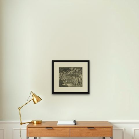 Antique Print of an Army in the Woods., Riding an Elephant in Ceylon, 1726, shown framed on a wall