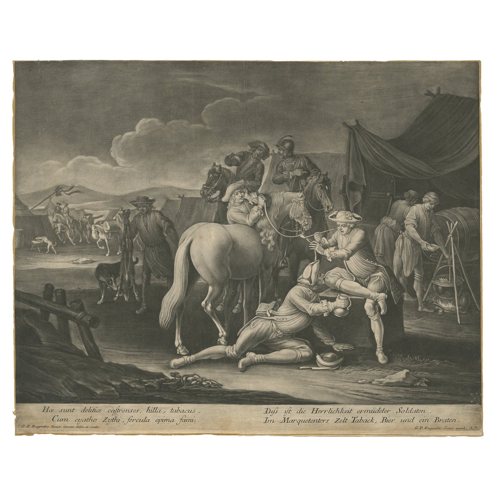 Mezzotint of Soldiers Near the Sutler's Tent for Tobacco, Beer and Meat, Ca.1750