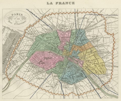 Antique Plan of Paris and its Fortified Enceinte, Vuillemin, circa 1860