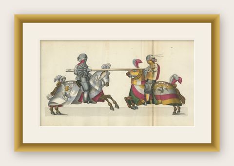 19th-Century Hand-Coloured Jousting Print: Heraldic Knights Charging in Contest, shown framed