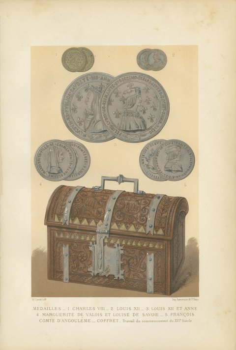 Renaissance Medals and Armor, Pair of Antique French Chromolithographs, 1882, view 4