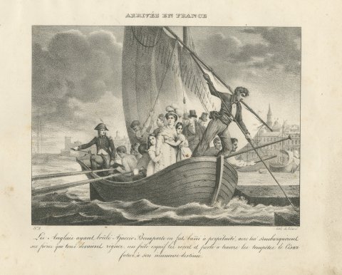 Arrival in France, the Bonaparte Family by Boat, Antique Madou Lithograph, 1827