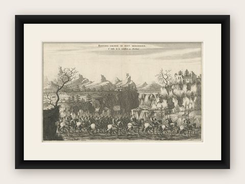 Decorative Original Antique Print Depicting the Cavalry Marching in China, 1665, shown framed