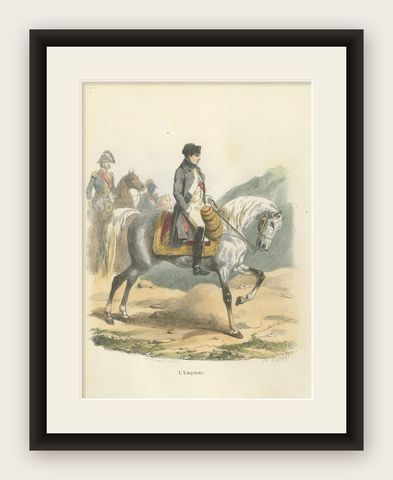 Napoleon Bonaparte on Horseback, L’Empereur, French Hand-Colored Print, 1843, shown framed