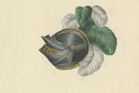 19th-Century Hand-Coloured Lithograph of Knightly Helmets with Vibrant Plumes, close-up 2