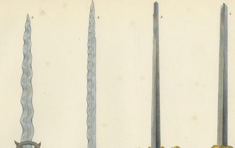 19th-Century Hand-Coloured Lithograph of Ornate Medieval and Renaissance Swords, close-up 1