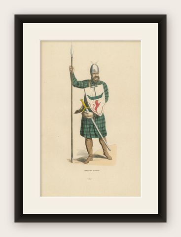 Scottish Knight in Tartan Attire with Heraldic Shield, Costume Di Moyen Age 1847, shown framed
