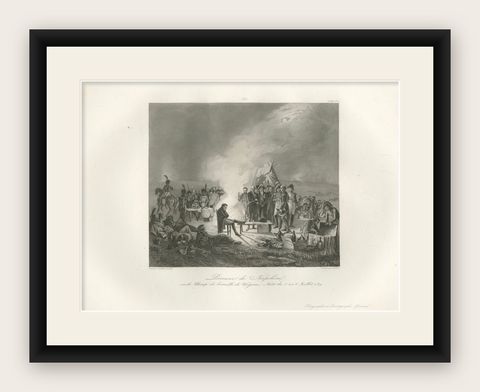 Napoleon at the Bivouac of Wagram, French Empire History Engraving, ca.1840, shown framed