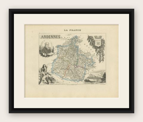 Map of Ardennes France with Sedan and Military History by Vuillemin, c.1850, shown framed