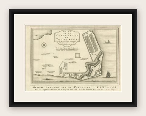 Antique Print of the Kodungallur Fortress, India, shown framed