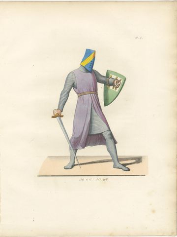 Antique Print 1845, Medieval Knight in Chainmail, Sword and Helmet, view 2