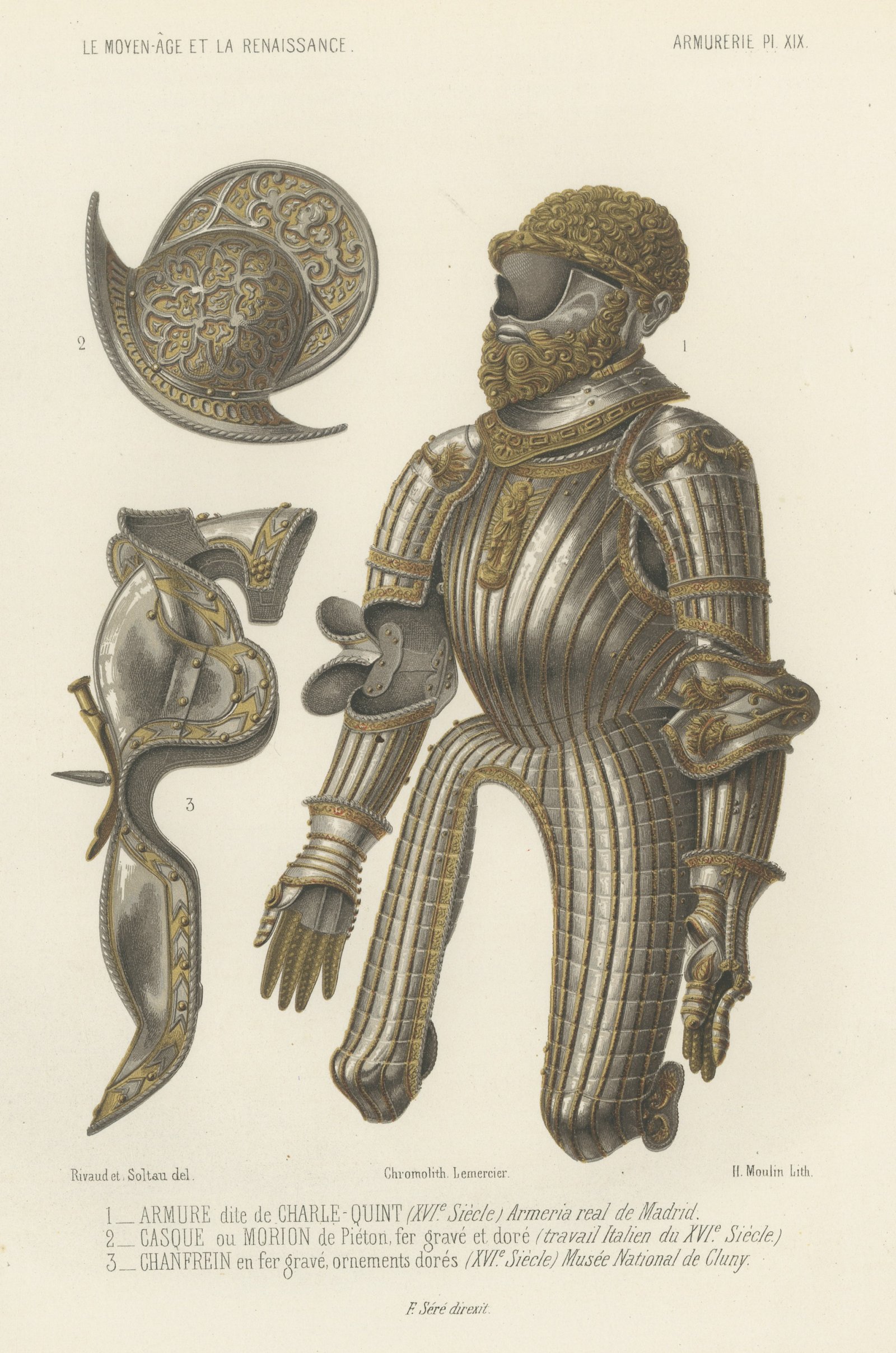 Armor of Charles the Fifth, Morion and Chanfron, Antique Print, 1851