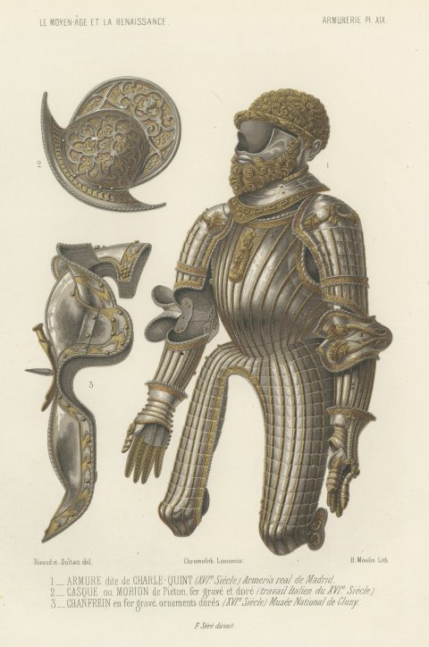Armor of Charles the Fifth, Morion and Chanfron, Antique Print, 1851