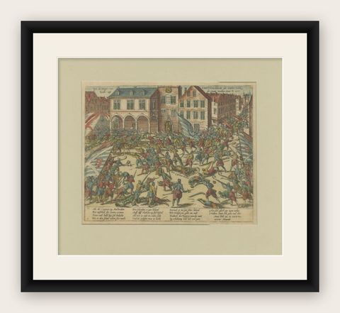 Antique Print of the Battle with Troops of William of Orange in Amsterdam, shown framed