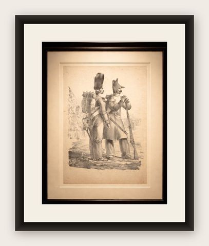 Antique French Military Lithograph, Soldiers with Pack and Rifle, c.1820, shown framed