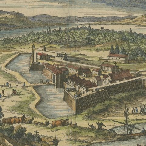 Fort Caroline in Florida, Montanus Engraving, Early America View 1671, close-up 4