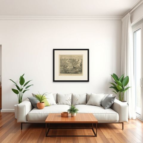 Antique Roman Battle Print of the Greater and Lesser Camp by Duncan, c.1753, shown framed in a room