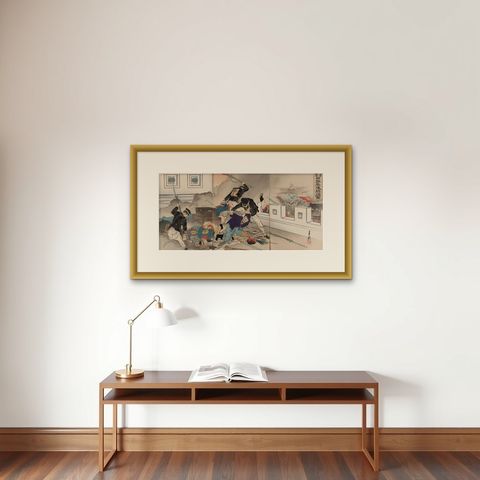 Fortress Assault Triptych, 1894 Japanese Meiji War Woodblock by Gekko, shown framed on a wall