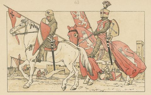 Antique Crusading Knights Plate, Hand-Colored Medieval Print c.1880, close-up 2