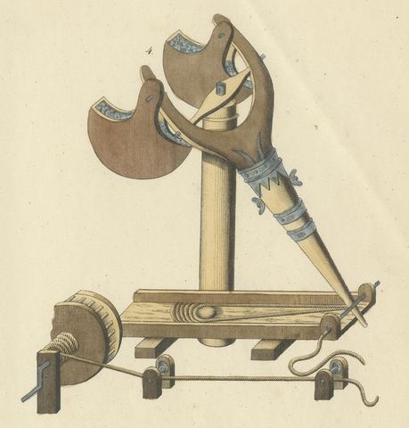 19th-Century Hand-Coloured Lithograph of Medieval Catapults and Siege Engines, close-up 2
