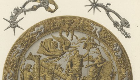 Shield of the Discovery of America, Madrid Armory, Antique Print, 1851, close-up 1