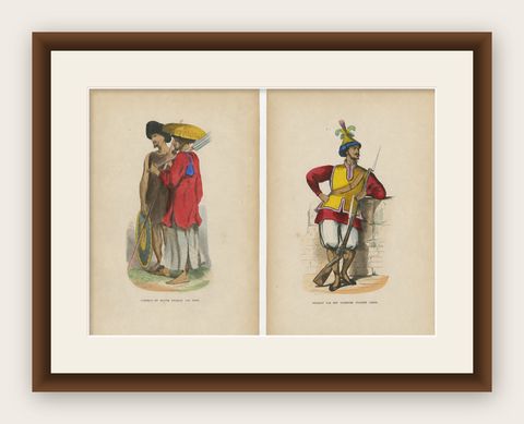 Antique Costume Print Pair Annam (Vietnam) Soldiers, Hand-Colored, 1854, shown framed