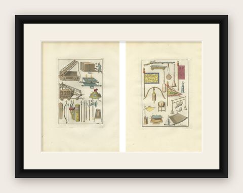 Hand-Colored Engravings of Chinese Military Equipment, Circa 1815, shown framed