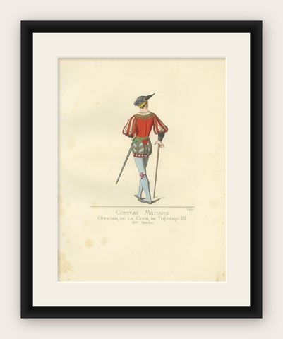 Antique Print of a Military Costume by Bonnard, 1860, shown framed