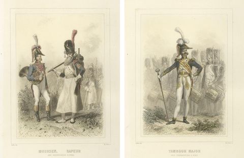 Napoleonic Military Musicians, Sapper, Horn Player, and Drum Major, 1859, view 3