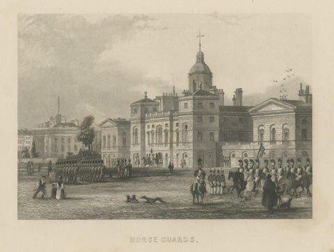 Antique Print of Horse Guards, Westminster, London, c.1840, close-up 1