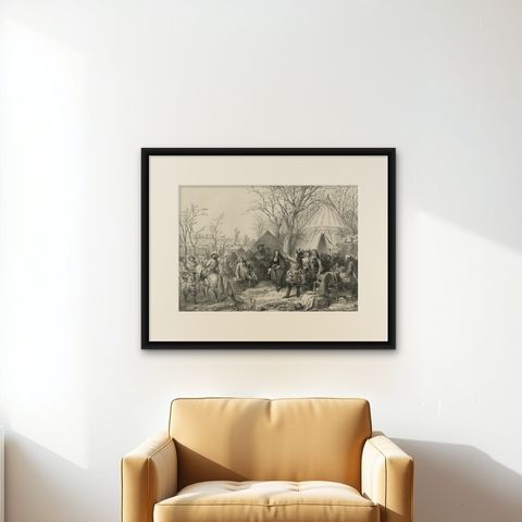 Antique Print of A. Vandermeulen at the Siege of Valenciennes by Madou, 1842, shown framed on a wall